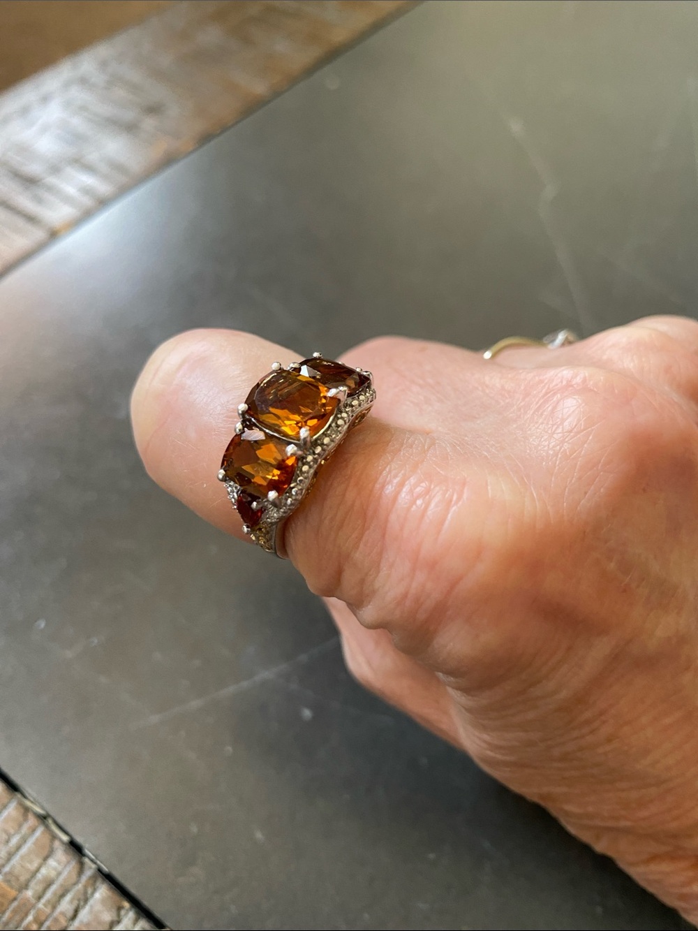 Three-Stone Amber Crystal Ring in Gold Tone
